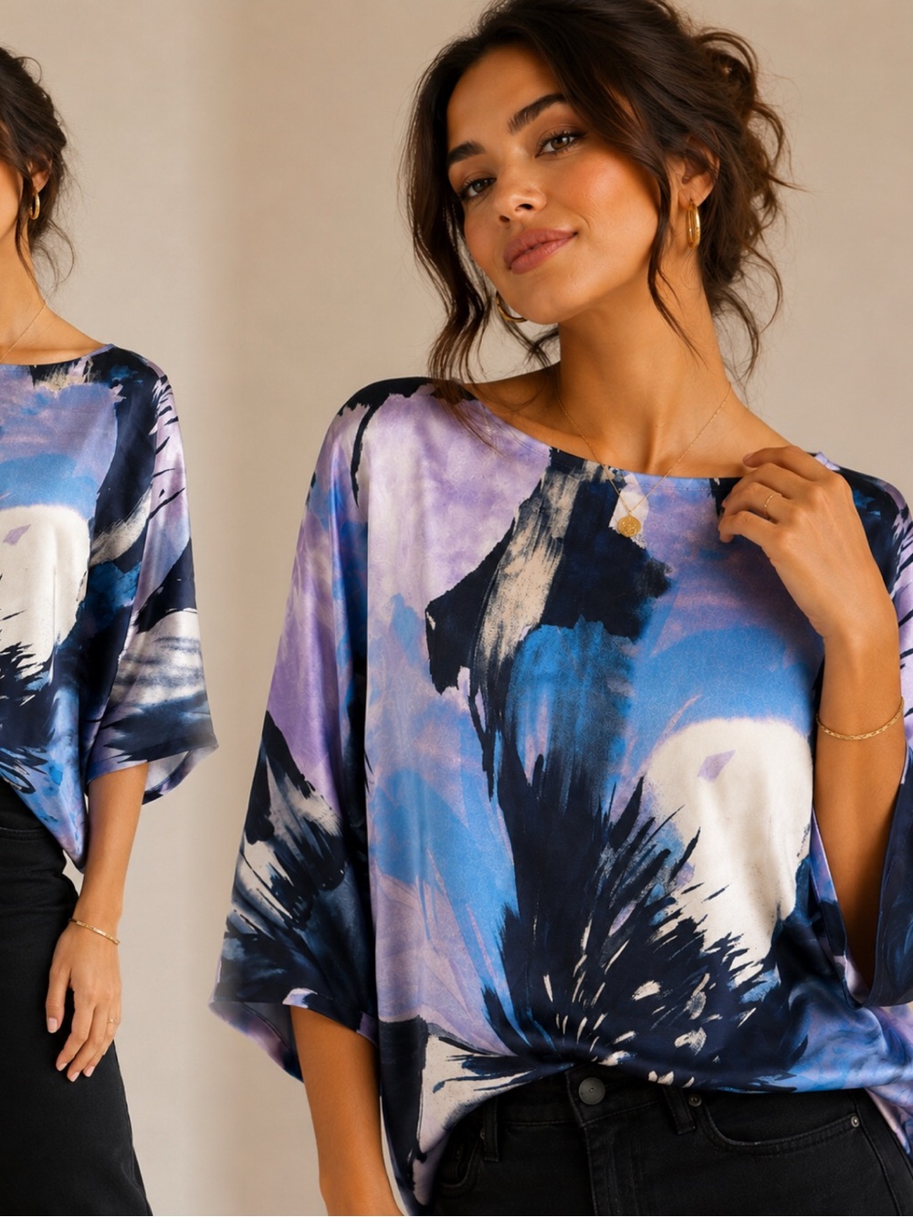 Abstract Blue-Purple Satin Boatneck Top